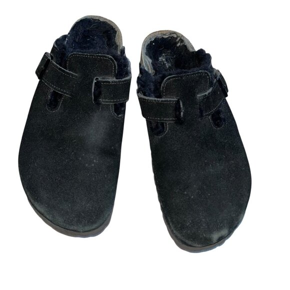 Birkenstock black boston nubuck suede shearling fur shoes 38 8 - Picture 2 of 6